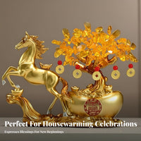 Lucky Wealth Horse Feng Shui Decor, Golden Money Tree, Office, Housewarming, Grand Opening Gift