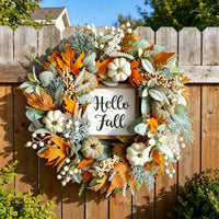 Realistic Pumpkin and Maple Leaf Wreath for Autumn Farmhouse Thanksgiving Decoration