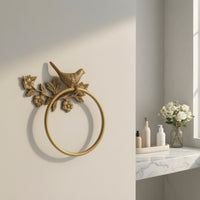 Towel Holder with Bird and Floral Motif Nature-Influenced Towel Loop with Floral Design Gold Hardware for Guest Washroom