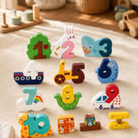 10 Pieces Educational Number Puzzle Colorful Wooden Puzzle with Blocks Preschool Number Blocks Cognitive for Toddlers, Preschoolers, Playroom, Classroom