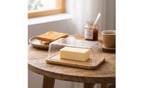 Clear Butter Storage Box Rectangular Butter Box with Bamboo Base Transparent Slimline for Kitchen, Fridge, Table