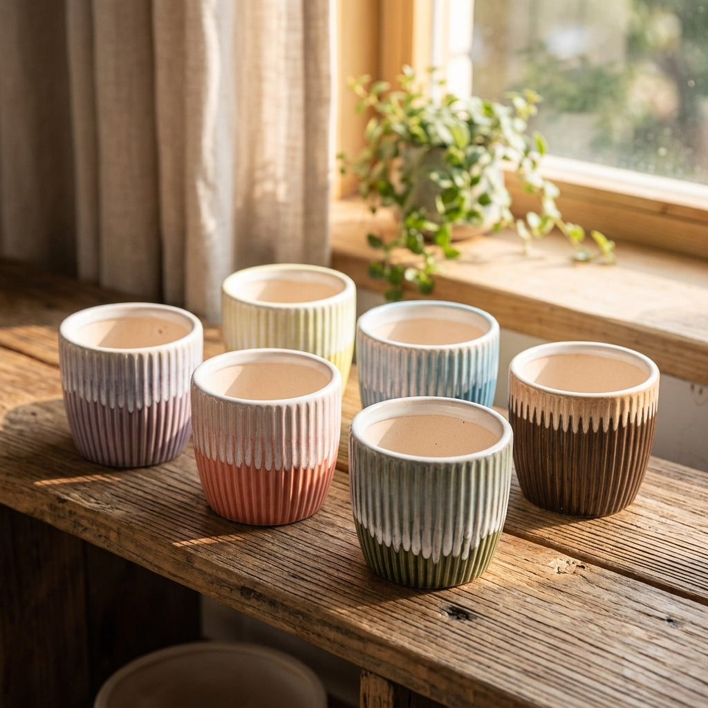 Plant Pots and Flower Pots Set of 6, Fluted Texture Small Plant Pots for Home Office, Indoor Garden Pots, Simple Creative Garden Decoration
