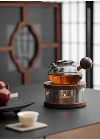 Walnut Wood Tea Warmer with Glass Teapot and Candle Heating Base