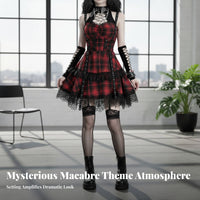 Red Black Plaid Mini Dress Vintage Inspired Goth Plaid Dress 3-Piece Set