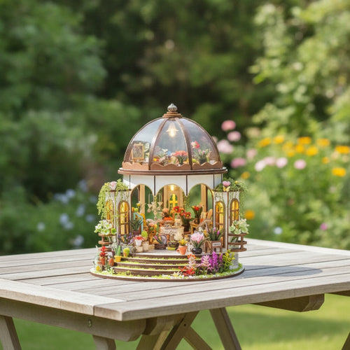 DIY Miniature Garden Model with LED Light Handmade Miniature House Kit with LED Light Illuminated Wooden Dollhouse Kit Collectible for Collectors, Hobbyists, Craft Enthusiasts, Desk Display