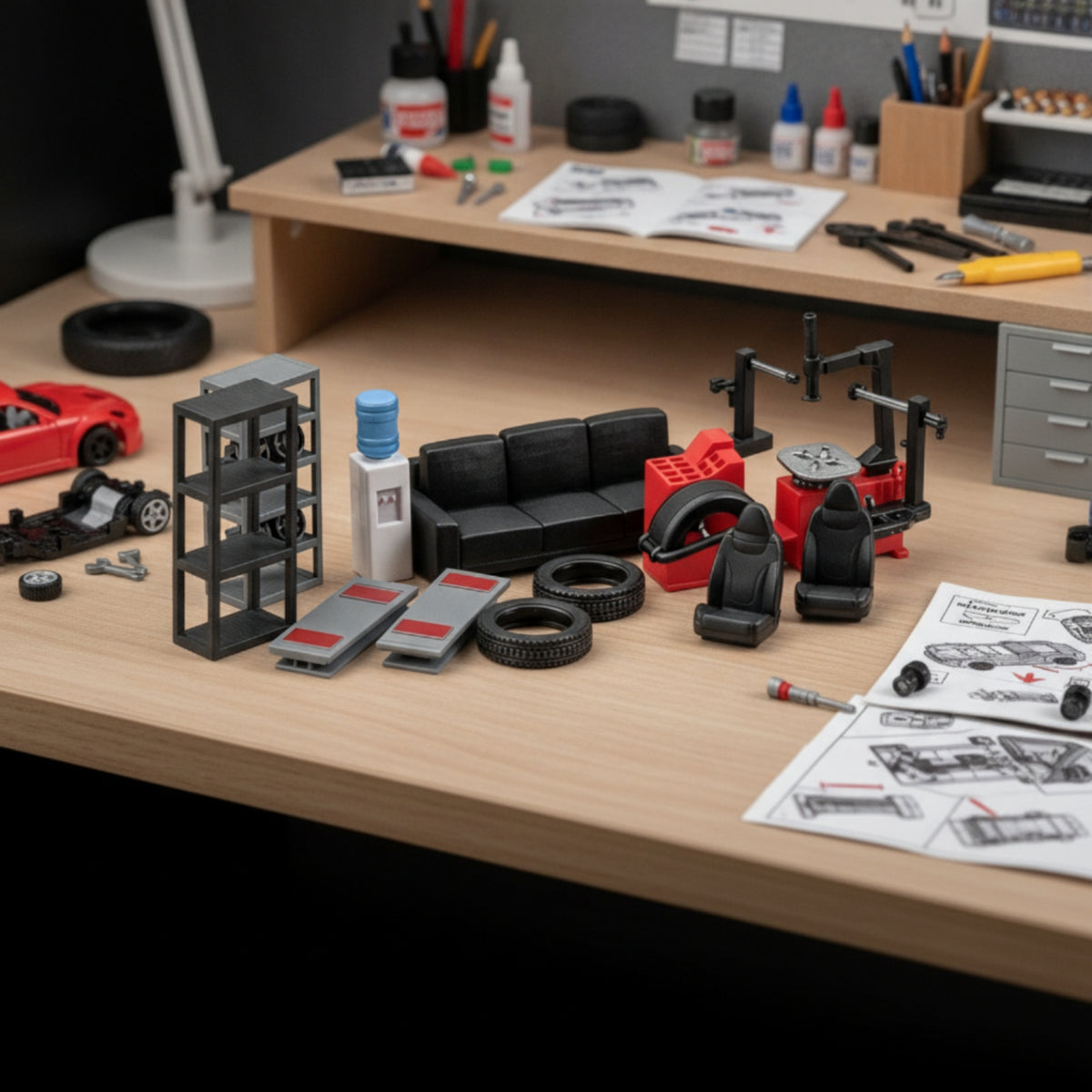 12 Pieces Realistic Model Car Repair Shop Scene Highly Detailed Miniature Garage Equipment with Lift Simulated Tool Rack Lightweight
