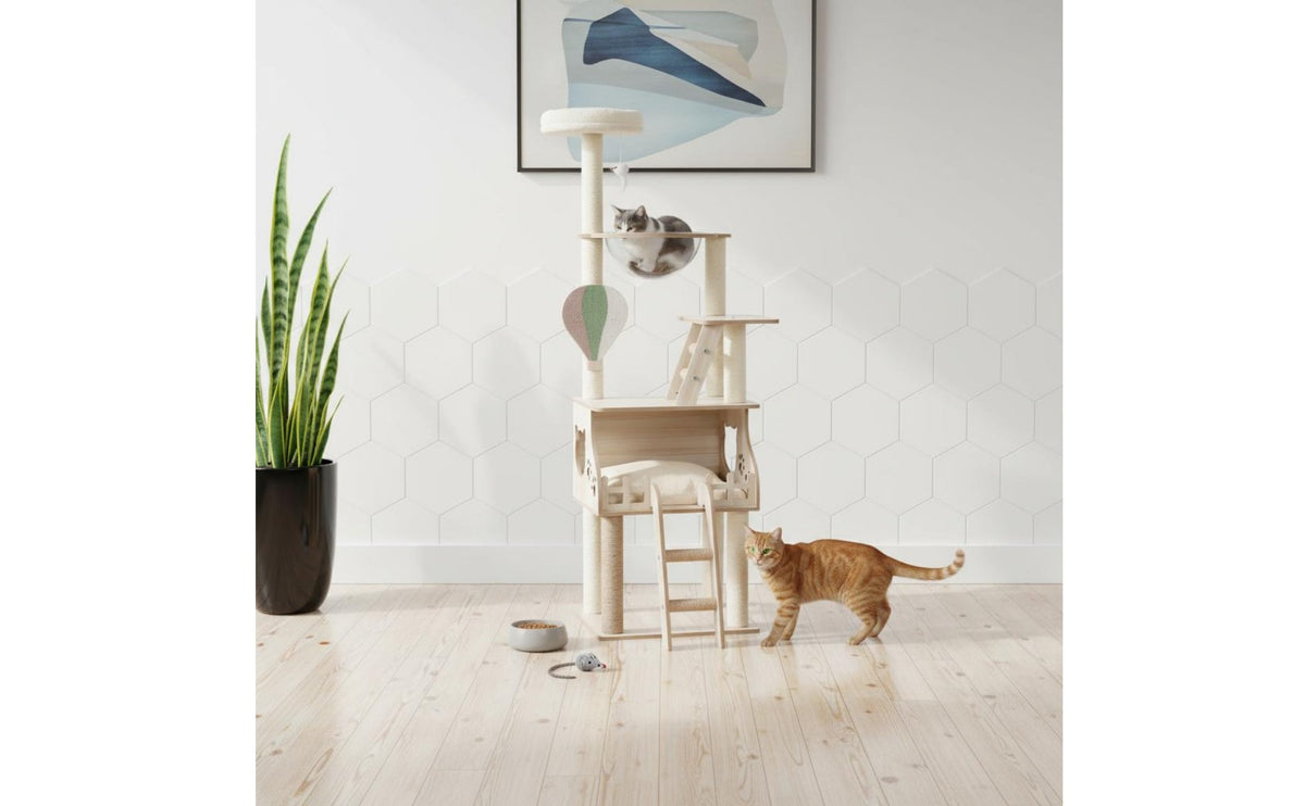 Includes Hanging Toy Multi-Level Feline Tree with Space Capsule Feline Climbing Frame with Scratching Posts Pet Furniture for Large Cats, Kittens, Indoor