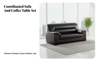 Genuine Leather Upholstery Wood Frame Sofa and Table Set Business design Office Furniture Easy to Clean Reception Seating for Guests, Visitors, Clients, Waiting Room, Lobby