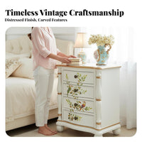 Rustic Country design Bedside Storage Cabinet Distressed Finish 4-Drawer Painted Side Table Floral Carving Nightstand Colorful Design for Homeowners, Apartment Dwellers, Interior Designers, Bedroom, Home Decor, Entryway, Small Spaces