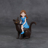 Black Cat and Girl Statue Micro Landscape Decor Girl Riding Cat Figurine