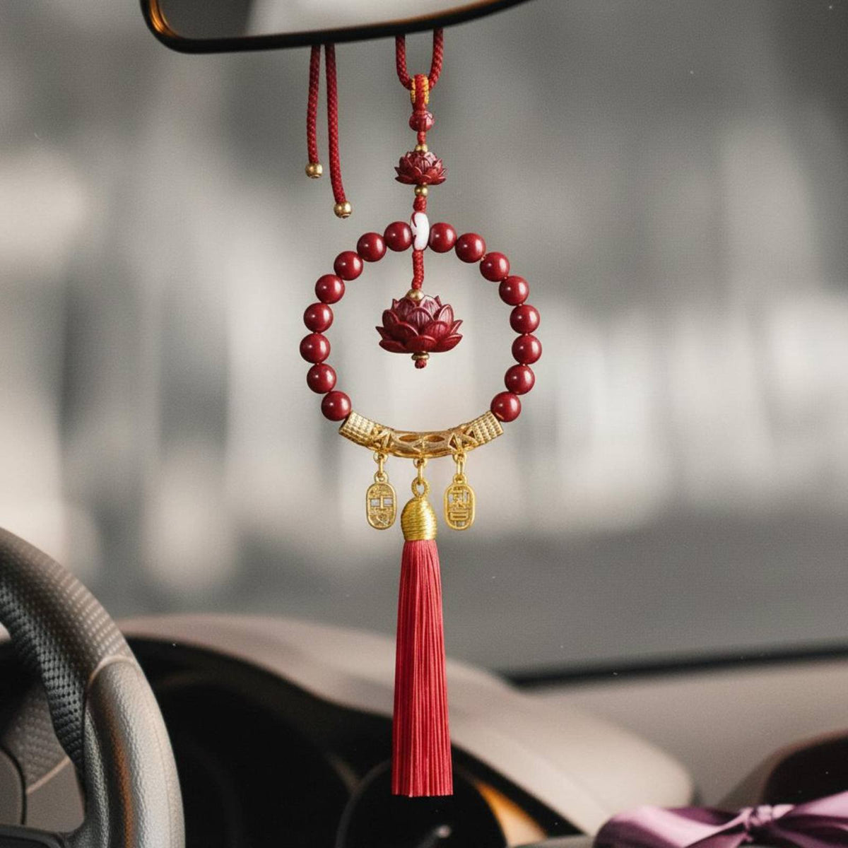 Auspicious Symbols Cinnabar Lotus Car Ornament Premium Materials Cinnabar Bead Tassel Ornament Meaningful Gift Chinese Design Car Tassel Ornament Lightweight