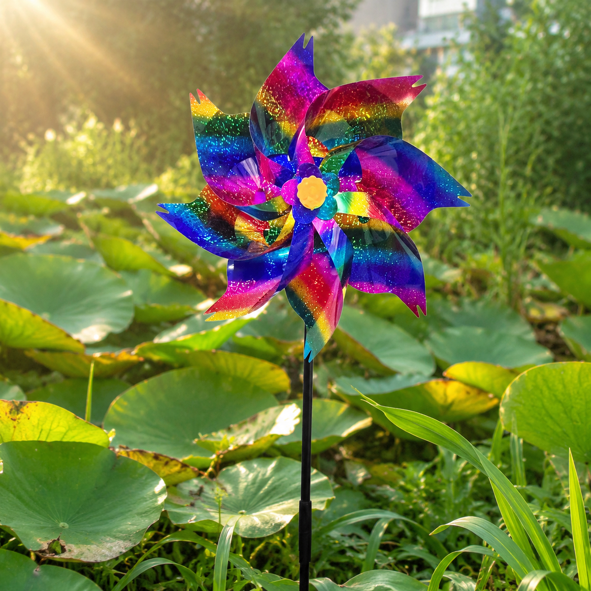 Octagonal Iridescent Rainbow Pinwheels, Reflective Bird Deterrents for Outside, PVC Weather Resistant Yard Decorations Outdoor
