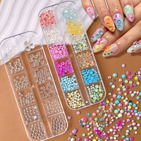 12-Grid Nail Art Mixed Gold and Silver Steel Balls, Pearls, Alloy and Colored Five-Petal Flower Charms