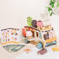 Early Learning Wooden Ice Cream Truck Encourages Imaginative Play Ice Cream Cart Playset Develops Fine Movement Skills Shape Sorter Food Truck for Preschoolers, Toddlers