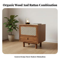 Rattan accent Nightstand natural simplicity aesthetic look Wicker Front End Table handmade Single Drawer Storage for homeowners