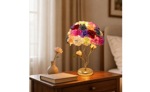 Decorative Rose Petal Lamp Ambient Table Lamp with Flower Shade Romantic Floral Desk Light Gold-Tone for Bedroom, Living Room, Wedding
