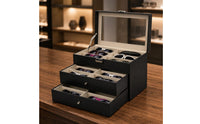 Transparent Top Window Three-Tier Eyeglass Box Black PU Leather Eyeglass Drawer Case Textile-Lined Sunglasses Organizer Metal Latch