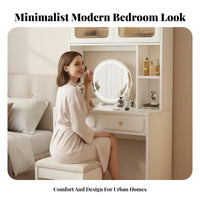 Makeup Cabinet with Lighted Mirror Modern Minimalist Design Vanity Set Integrated Chest of Drawers Includes Matching Stool