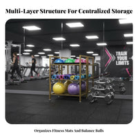 Exercise Mat and Ball Rack Space-Saving Balance Ball Storage Stand Freestanding Exercise Studio Equipment Holder
