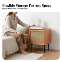 Rattan-Front Nightstand Japanese Design Bedside Table Sturdy Wood Legs Minimalist Design for Adults, Bedroom, Living Room