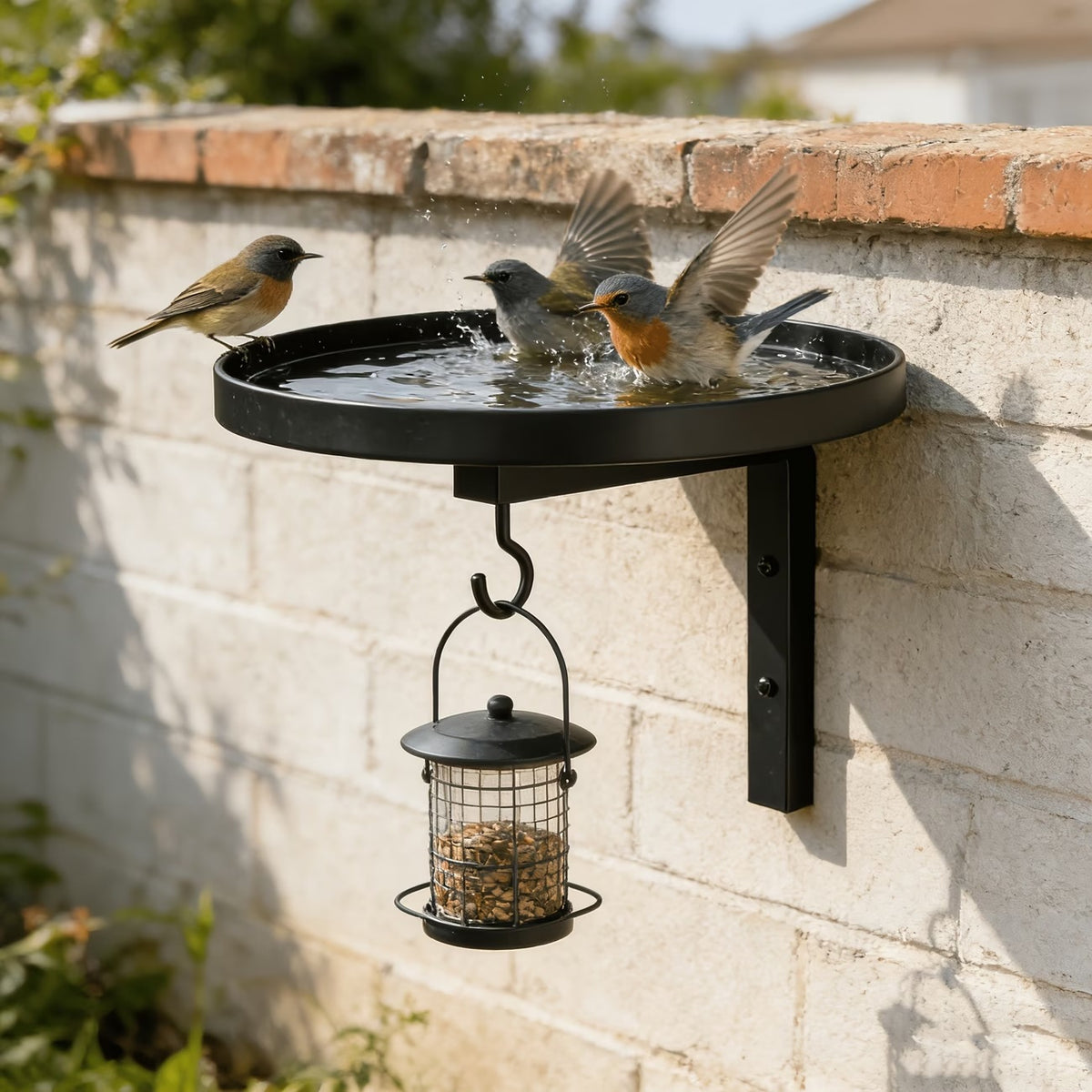 Metal Wall-Mounted Bird Bath Feeder with Hook for Outdoor Garden Patio Decoration