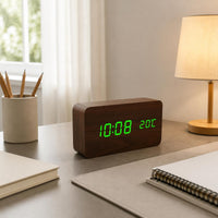Wooden LED Alarm Timepiece Wood Grain Design Home Decor Temperature Display