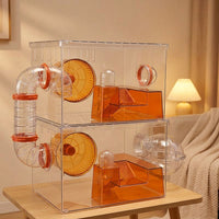 Expandable Hamster Cage and 2-Layer Clear Acrylic Habitat, Hamster Enclosure for Dwarf Hamsters, Transparent 360 Viewing Box with 9 Accessories