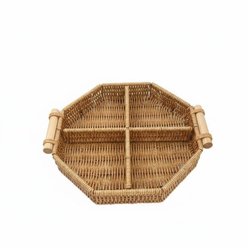 Rattan Design Serving Platter Woven Compartment Basket for Picnic, Party