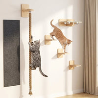 Cat Activity Center and Wall-Mounted Playground, 4-Level Wood Climbing Wall Shelves with Sisal Rope for Indoor Cats, Space-Saving Home Decor