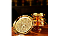 Gold-Toned Lotus Offering Plate Golden Altar Plate with Pedestal Ornate Embossed for Buddhists, Worshipers, Buddhist Shrine, Temple
