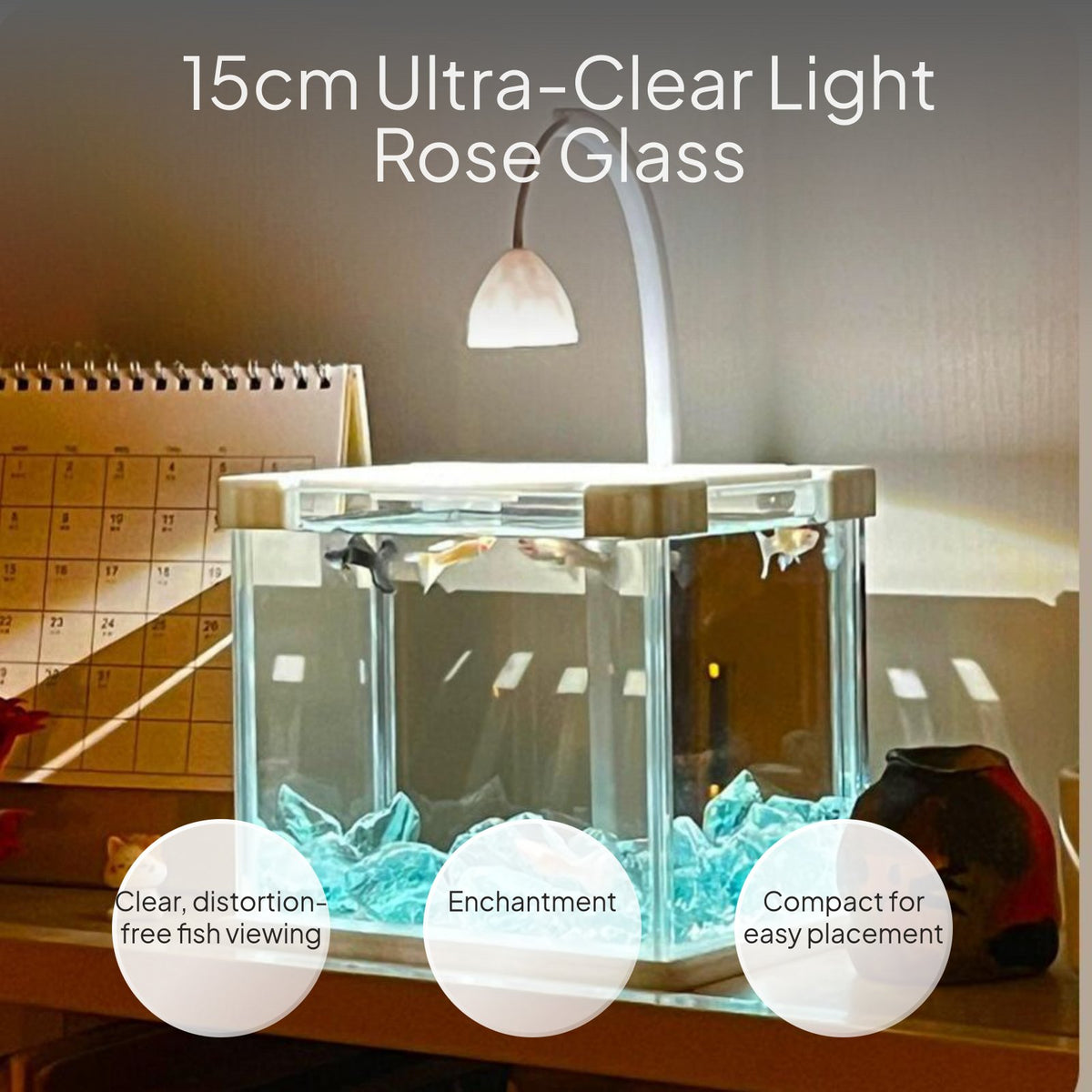 Mini Betta Fish Bowl Set, Crystal Glass, LED Desktop Decor