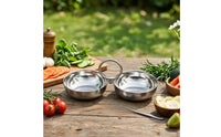 Stainless Steel Double Condiment Dish Space-Saving Dual Compartment Sauce Bowl Stain-Resistant Dipping Bowl with Handle Easy to Clean for Hosts, Tabletop, Hot Pot, Barbecue