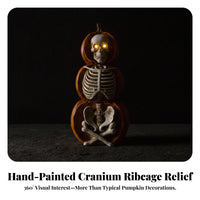 Spooky Skeleton Pumpkin Statue | Distressed Vintage Look, Halloween Tabletop Ornament with Light-up Eyes, Compact Freestanding Design, for Entryway