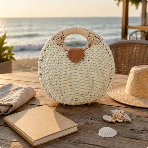 Round Handle Straw Bag Structured Woven Handbag Compact