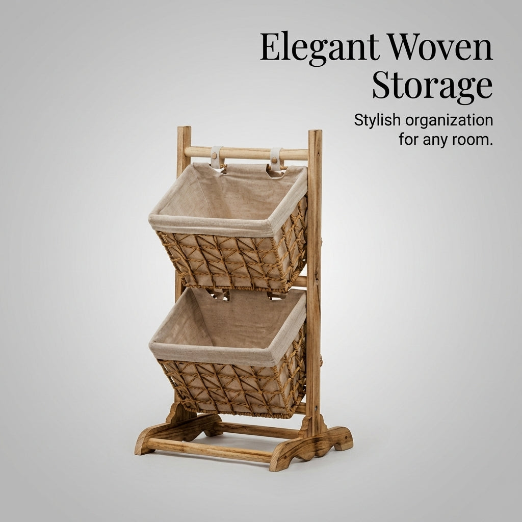 Wooden Storage Shelf with Baskets, Freestanding Tiered Organiser, Simple Modern for Living Room, Bedroom, Entryway, No Installation Required