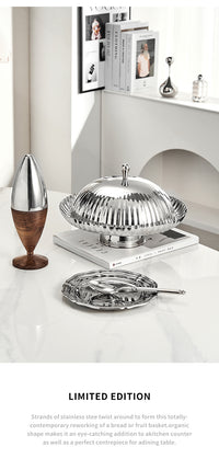 Nordic Style Stainless Steel 304 Serving Tray with Lid, Striped Pattern, for Desserts and Fruits