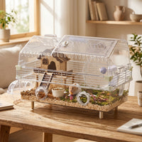 Large Hamster Habitat Villa, 2-Tier Viewing Cage with External Tubes and Built-in House, Indoor Use for Syrian Hamsters