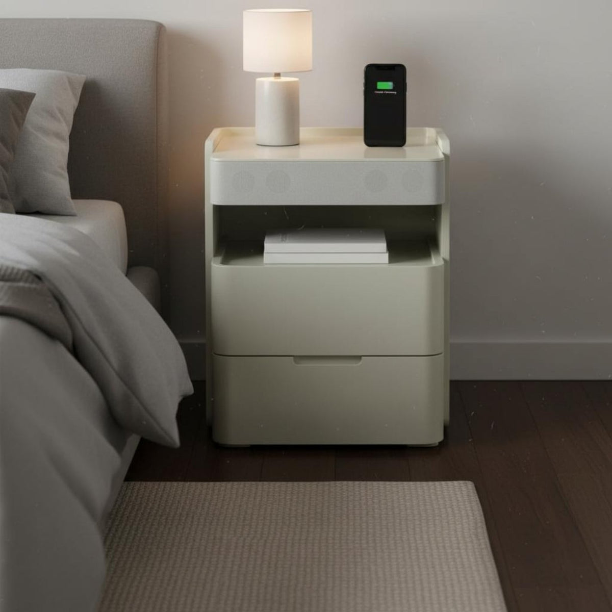 Illuminated Nightstand Smart Charging Table Modern Bedside Cabinet with Wireless Charger Bluetooth Speaker Digital Clock Hardened Glass Panel Suitable for Bedroom Home Office