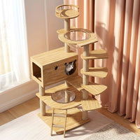 Cat House with Scratching Posts and Feeding Bowls, Solid Wood Pillar Activity Centre, Oak Board Cat Bed and Perch for Large Indoor Cats 5-Tier