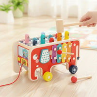 Natural Wood Pounding Bench with Xylophone Multicolor Elephant Activity Center Interactive Wooden Elephant Toy Colorful for Toddlers, Kids, Babies, Playroom, Nursery, Daycare