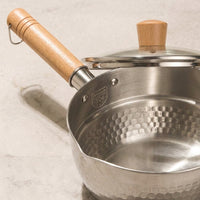 Baby Food and Milk Pan Stainless Steel Pot for Cooking, Hammered Stainless Steel Soup Pot with Steamer, Small Saucepan with Lid, Wood Handle