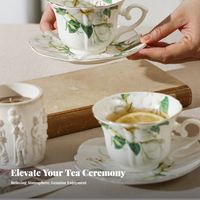 Latte Cup with Saucer Floral Pattern Coffee Mug Giftable Gift Choice for Tea Lovers, Cafe Owners, Restaurant, Kitchen, Breakfast