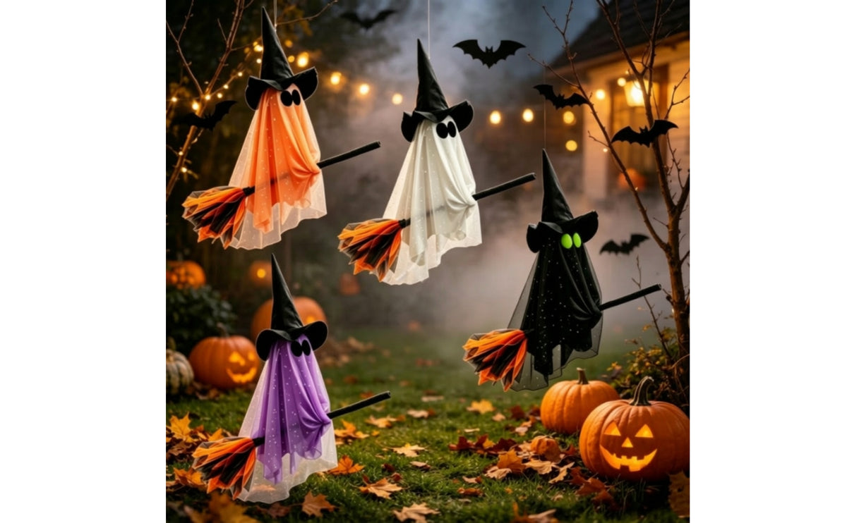 Spooky Flying Ghost with Witch Hat and Broom Floating Hanging Witch Ghost Festive Cute for Porch, Window, Haunted House, Garden