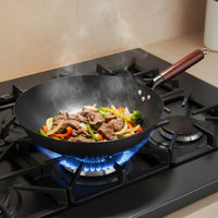 Nitrided Iron Pan Nitriding Treated Flat Bottom Wok Handmade Uncoated Iron Wok for Home Cooks, Gas Stoves
