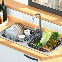 Dish Rack and Sink Organizer, Expandable 304 Stainless Steel Kitchen Sink Rack with Cutlery Holder, Space Saving Modern Kitchen Storage Solution