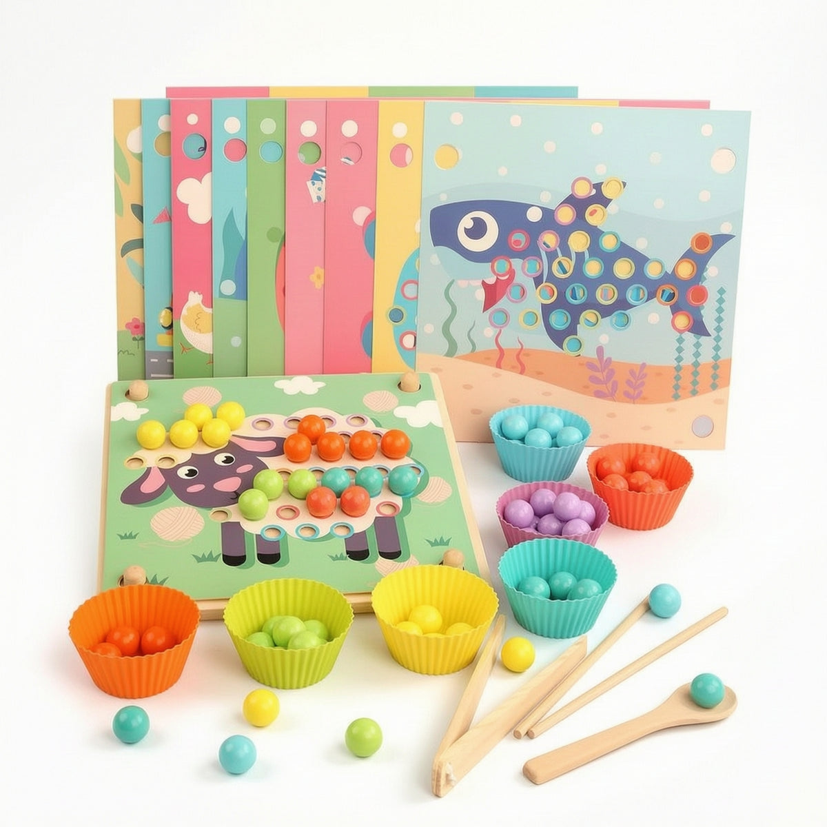 Fine Motor Skills Bead Matching Board with Tools Smooth Sorting Board with Cups Educational Wooden Bead Game Learning for Preschoolers
