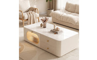 Glossy Coffee Table with Drawers Modern Coffee Table with Concealed Storage Fluted Furniture Stone-Look for Living Room, Apartment