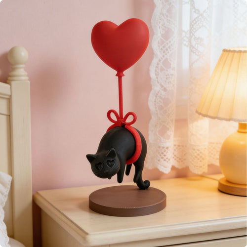 Feline Statue with Heart Balloon Cute Dark Feline Balloon Statue Gift Idea