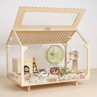 Acrylic Hamster Cage Villa with Mixed Color Wood Landscape and Acrylic Window, Transparent Hamster Cage with Openable Top for Winter Heating Lamp