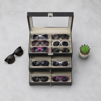 Transparent Top Window Three-Tier Eyeglass Box Black PU Leather Eyeglass Drawer Case Textile-Lined Sunglasses Organizer Metal Latch